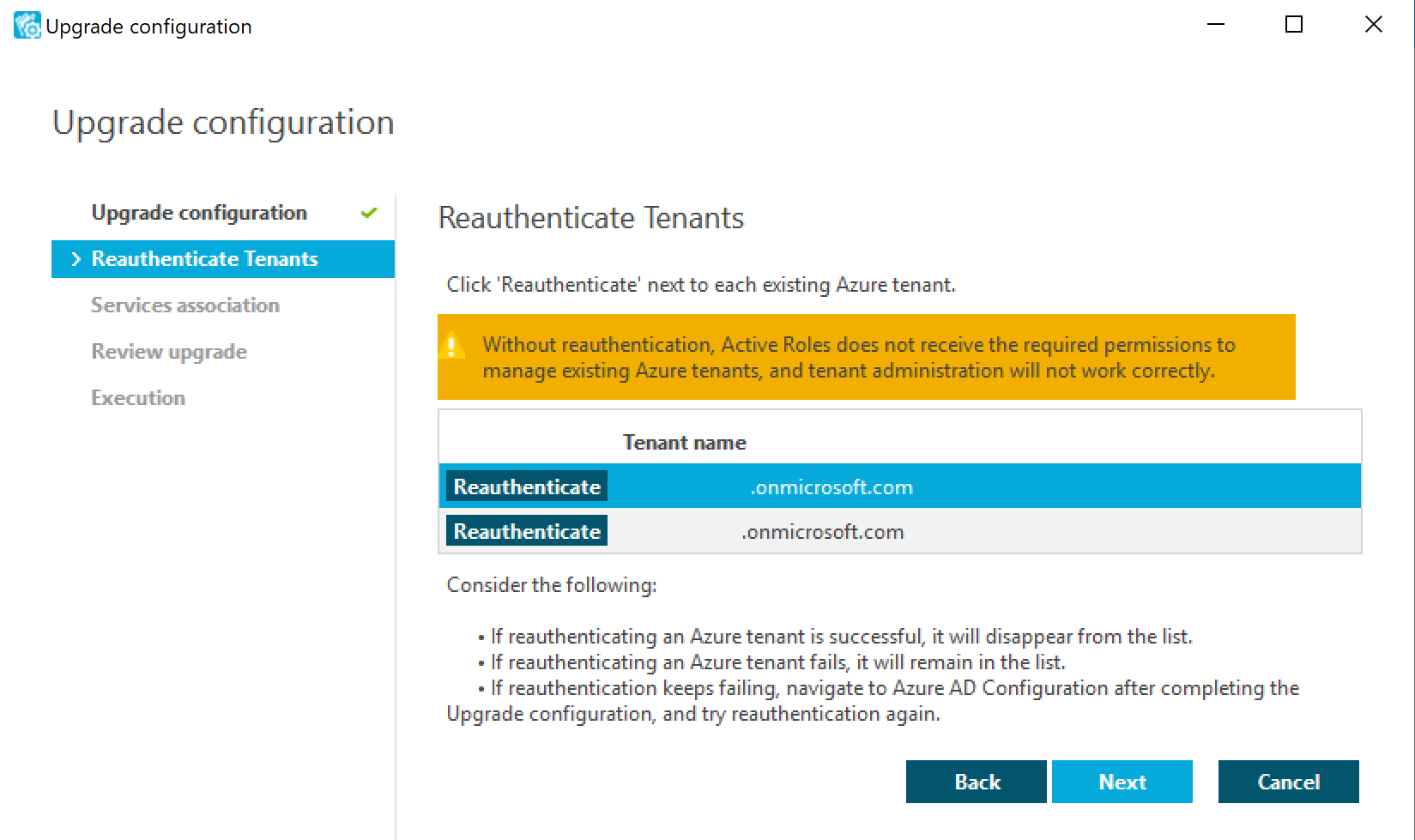 Reauthenticating Azure tenants in the Upgrade configuration wizard of the Configuration Center.