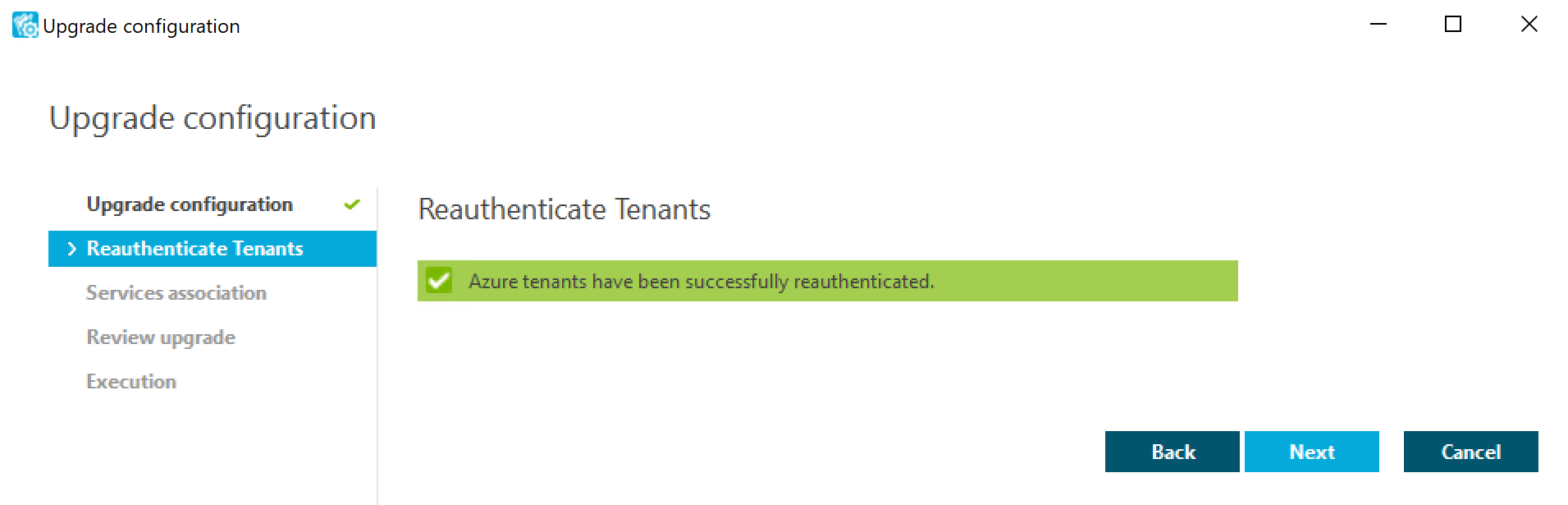 Confirmation message after successfully reauthenticating tenants in the Upgrade configuration wizard of the Configuration Center.